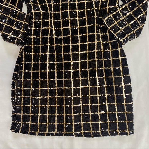 Boohoo Sequin Grid Check Mini Dress Size 10 Black Gold - Picture 5 of 10